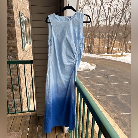 🆕🦋 DKNY Blue Ombre Midi Dress Size 10 NWT 100% Cotton Ruched Side Summer Dress - Picture 4 of 15